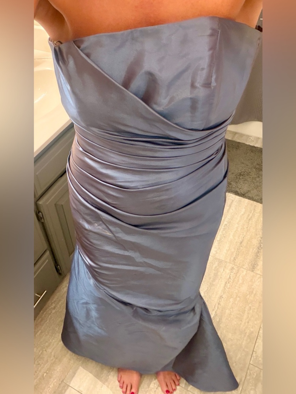 Strapless Satin Evening Gown in Metallic Slate Blue